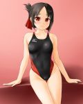  1girl :3 bangs barefoot black_hair breasts collarbone commentary_request competition_swimsuit cowboy_shot folded_ponytail hair_ribbon highres kaguya-sama_wa_kokurasetai_~tensai-tachi_no_renai_zunousen~ long_hair looking_at_viewer mizuno one-piece_swimsuit parted_bangs red_eyes ribbon shinomiya_kaguya simple_background sitting small_breasts solo swimsuit thigh_gap tk4 