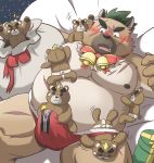  2020 animate_inanimate anthro ashigara belly blush bulge canid canine canis christmas clothing domestic_dog genitals group holidays hon55728 kemono living_plushie male mammal moobs neck_bow nipples overweight overweight_male penis plushie scar teddy_bear tokyo_afterschool_summoners underwear ursid video_games yasuyori 