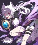  1girl animal_ears belt fire_emblem fire_emblem_awakening fire_emblem_heroes fur_trim gloves grima_(fire_emblem) halloween_costume long_sleeves menoko open_mouth paw_gloves paws red_eyes robin_(fire_emblem) robin_(fire_emblem)_(female) shorts simple_background solo tail thigh_strap twintails white_hair wolf_ears wolf_tail 