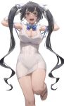  1girl absurdres arms_up bangs bell black_hair blue_eyes blue_ribbon breasts cleavage_cutout clothing_cutout commentary dress dungeon_ni_deai_wo_motomeru_no_wa_machigatteiru_darou_ka gloves hair_bell hair_ornament hestia_(danmachi) highres holding holding_hair large_breasts long_hair looking_at_viewer open_mouth rei_no_himo ribbon sandals simple_background smile solo standing standing_on_one_leg thighs twintails upper_teeth very_long_hair white_background white_dress white_gloves yohan1754 