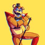  2020 alibeatsss animatronic anthro black_eyebrows black_nose blue_body blue_eyes blue_outline bodypaint bow_tie bracelet clothing ear_piercing ear_ring eyebrows face_paint fangs featureless_crotch five_nights_at_freddy&#039;s five_nights_at_freddy&#039;s:_security_breach glamrock_freddy_(fnaf) hat headgear headwear hi_res jewelry looking_at_viewer machine male mammal microphone multicolored_body open_mouth orange_body outline piercing pose robot rockstar round_ears shadow sharp_teeth simple_background smile solo spiked_bracelet spikes standing tan_body teeth top_hat ursid video_games yellow_background 