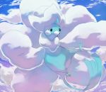  altaria bird black_eyes blue_sky cloud cloudy_sky commentary creature day english_commentary flying full_body gen_3_pokemon looking_at_viewer mega_altaria mega_pokemon no_humans outdoors pinkgermy pokemon pokemon_(creature) sky solo 