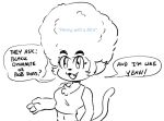 2019 4_fingers afro anaugi anthro ask_blog chest_tuft clothing cute_fangs dialogue domestic_cat english_text felid feline felis female fingers looking_at_viewer mammal monochrome navel open_mouth open_smile penny_(anaugi) shirt simple_background sketch smile solo speech_bubble tank_top text topwear tuft white_background 
