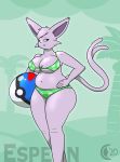  2020 anthro anthrofied ball beach beach_ball big_breasts bikini breasts cheek_tuft chocend clothed clothing eeveelution espeon facial_tuft female forked_tail fur hand_on_hip hi_res holding_object nintendo pok&eacute;mon pok&eacute;mon_(species) portrait purple_body purple_eyes purple_fur seaside slightly_chubby smile solo standing swimwear thick_thighs tuft video_games 