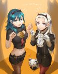  2girls black_shorts blue_eyes blue_hair byleth_(fire_emblem) byleth_(fire_emblem)_(female) closed_mouth dagger edelgard_von_hresvelg fire_emblem fire_emblem:_three_houses garreg_mach_monastery_uniform gloves hair_ribbon long_hair long_sleeves multiple_girls open_mouth pantyhose purple_eyes red_legwear ribbon robaco sheath sheathed shorts smile uniform weapon white_gloves white_hair 