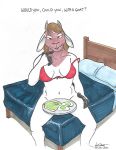  2020 anthro aress bed bedroom_eyes bottomless bovid bra breasts brown_eyes brown_hair caprine clothed clothing convenient_censorship dialogue dr._seuss egg female food furniture goat hair ham hand_on_leg hand_on_thigh horn looking_at_viewer mammal meat narrowed_eyes navel on_bed plate pork rabbi-tom seductive simple_background sitting smile solo talking_to_viewer underwear 
