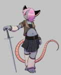  2020 anthro bottomwear clothed clothing didelphid dragonkai female fully_clothed hair hi_res mammal marsupial melee_weapon midriff pink_hair pixel_perfect pose red_eyes simple_background skirt solo sword waffles_(webcomic) weapon young 
