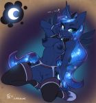  2019 anthro blue_body blue_fur blue_hair blue_nipples blue_pussy blush breasts clothing cosmic_hair dialogue english_text equid ethereal_hair feathered_wings feathers female fluff-kevlar friendship_is_magic fur genitals hair hasbro horn legwear mammal my_little_pony negligee nipples princess_luna_(mlp) pussy solo text winged_unicorn wings 