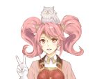  1girl animal armor bberry_jia bird breasts feh_(fire_emblem_heroes) fire_emblem fire_emblem_echoes:_shadows_of_valentia fire_emblem_heroes gloves highres long_hair looking_at_viewer open_mouth owl pink_hair red_eyes twintails v white_background 