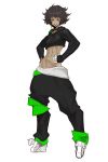  1girl baggy_pants bottomless choker crop_top fingerless_gloves gloves green_lips groin hands_on_hips jankojaro lowleg lowleg_pants midriff navel no_panties original pants sagging_pants short_hair tan wedge_heels 