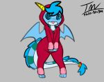  3_toes absurd_res anthro blue_body blue_eyes blue_hair blue_sclera dragon front_view grey_background hair hi_res horn huff_(prate) male onesie open_mouth prate signature simple_background smile solo standing toes wide_hips wings 
