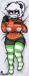  absurd_res anthro bed big_breasts blush breasts camel_toe christmas clothed clothing dakimakura_design dolly_may female furniture giant_panda hair hi_res holidays looking_at_viewer mammal mando ponytail slightly_chubby smile solo thick_thighs ugly_sweater ursid 