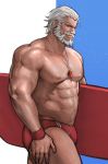  1boy abs alternate_costume bara bare_pecs baywatch beard bulge chest_hair cowboy_shot facial_hair from_side hair_slicked_back highres jang_ju_hyeon lifeguard looking_at_viewer male_focus male_swimwear muscular muscular_male mustache navel navel_hair nipples old old_man overwatch pectorals reinhardt_(overwatch) short_hair solo stomach surfboard swim_briefs swimwear thick_thighs thighs veins whistle whistle_around_neck white_hair 