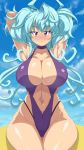  1girl ahoge arms_up blue_hair blush breasts cagliostro_(symphogear) casual_one-piece_swimsuit cleavage highres huge_breasts kihaiu long_hair looking_at_viewer navel one-piece_swimsuit purple_eyes purple_swimsuit senki_zesshou_symphogear shiny shiny_hair shiny_skin sitting skindentation slingshot_swimsuit smile solo sweat swimsuit thighs very_long_hair 