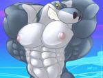  4:3 abs anthro beach biceps blue_body danandnite fish hi_res male marine muscular muscular_anthro muscular_male nipples pecs pose red_eyes seaside shark sharko solo zig_and_sharko 