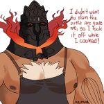  1boy ^_^ apron bara bare_pecs black_apron chest_hair closed_eyes dilukha_(nyaalgebra) english_text fang fire glowing glowing_eyes helmet highres male_focus meme muscular muscular_male naked_apron nipples pectorals red_eyes short_hair solo surtr_(tokyo_houkago_summoners) tokyo_houkago_summoners upper_body 