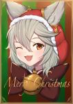  1girl ;d animal_ears bangs bell bow brown_bow brown_collar brown_eyes christmas collar commentary_request ears_through_headwear erune fangs fur-trimmed_hood fur_trim granblue_fantasy grey_hair hair_between_eyes highres hood hood_up jingle_bell merry_christmas one_eye_closed open_mouth sen_(granblue_fantasy) smile solo striped striped_background uneg vertical_stripes 