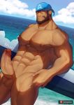  1boy abs archie_(pokemon) bandana bara beard blue_headwear brown_hair completely_nude dark_skin dark_skinned_male erection facial_hair highres looking_at_viewer male_focus masa_yawara_(yellow) muscular muscular_male navel navel_hair nipples nude pectorals penis pokemon pokemon_(game) pokemon_rse short_hair solo testicles thick_thighs thighs uncensored veins veiny_penis 