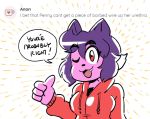  2019 4_fingers anaugi anthro ask_blog clothing cute_fangs dialogue domestic_cat english_text felid feline felis female fingers fur gesture hair hoodie mammal one_eye_closed open_mouth open_smile penny_(anaugi) pink_body pink_fur purple_hair red_eyes short_hair simple_background smile solo speech_bubble text thumbs_up topwear white_background wink 