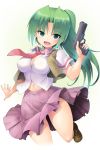  1girl ass_visible_through_thighs breasts cleavage commentary_request curvy green_eyes green_hair gun handgun higurashi_no_naku_koro_ni kurogarasu large_breasts looking_at_viewer navel necktie pistol ponytail smile sonozaki_mion stomach thick_thighs thighs unbuttoned vest weapon 