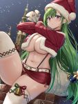  1girl bangs bell bell_earrings breasts character_request chimney christmas cleavage closed_mouth copyright_request cropped_jacket earrings fur_trim gloves green_hair hair_ornament hat highres holding holding_sack huge_breasts jacket jewelry jingle_bell long_hair long_sleeves low-tied_long_hair miniskirt night oekakizuki outdoors panties purple_eyes red_gloves red_panties red_skirt sack santa_costume santa_hat skirt snowing solo star_(symbol) star_hair_ornament suspenders thighhighs underwear white_legwear 