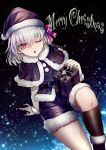  1girl black_capelet black_santa_costume boots bow capelet christmas fate/grand_order fate_(series) fur-trimmed_boots fur-trimmed_capelet fur-trimmed_headwear fur_boots fur_trim gift hat highres kama_(fate/grand_order) looking_at_viewer merry_christmas multicolored multicolored_nails nail_art nail_polish one_eye_closed pink_bow red_eyes santa_costume santa_hat short_hair silver_hair yokaranu_yuuna 