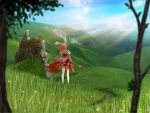  1girl archbishop_(ragnarok_online) blonde_hair cloud commentary_request day dress feathered_wings fishnet_legwear fishnets flower from_behind full_body grass highres hill holding holding_staff juliet_sleeves long_sleeves medium_hair micoto mountain mountainous_horizon outdoors path puffy_sleeves purple_flower ragnarok_online red_dress scenery see-through sky solo staff standing stone_wall thighhighs tree twintails two-tone_dress wall white_dress white_legwear wide_sleeves wing_hair_ornament wings yellow_flower 
