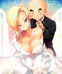  1boy 1girl ^_^ android_18 bald bare_shoulders black_neckwear blonde_hair blue_eyes blurry blurry_background breasts cleavage clenched_teeth closed_eyes closed_mouth collarbone collared_shirt couple dragon_ball dragon_ball_z dress earrings elbow_gloves expressionless eyebrows_visible_through_hair eyelashes eyes_visible_through_hair formal glint gloves hand_up happy hetero huge_breasts husband_and_wife jewelry kuririn lace lace_gloves leaning leaning_to_the_side light_blush looking_at_another looking_to_the_side necklace no_nose ommmyoh putting_on_jewelry shiny shiny_hair shiny_skin shirt short_hair smile straight_hair strapless strapless_dress suit teeth twitter_username v-shaped_eyebrows v_arms wedding_dress white_dress white_gloves white_shirt 
