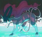 blue_theme brown_eyes commentary creature english_commentary full_body gen_2_pokemon legendary_pokemon long_hair no_humans pinkgermy pokemon pokemon_(creature) purple_hair serious solo standing suicune water 
