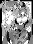  2girls animal_print arms_behind_head bare_shoulders bat_print bat_wings breasts bridal_gauntlets cleavage clothing_cutout covered_nipples demon_girl eyebrows_visible_through_hair fur_collar head_wings heart_cutout huge_breasts leotard licking_lips lilith_aensland long_hair looking_at_viewer low_wings monochrome morrigan_aensland multiple_girls open_mouth pantyhose print_legwear short_hair simple_background succubus tongue tongue_out vampire_(game) wings yasakani_an 