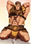  1boy abs absurdres armpits arms_behind_head bara bare_pecs belt brown_belt brown_cape brown_eyes brown_hair bulge cape chest_harness dark_skin dark_skinned_male facial_hair flaming_eye full_body goatee harness hercules_(tokyo_houkago_summoners) highres kneeling leather loincloth looking_at_viewer male_focus masa_yawara_(yellow) muscular muscular_male navel nipples pectorals revealing_clothes reward_available scar scar_on_chest short_hair solo stomach thick_thighs thighs tokyo_houkago_summoners 