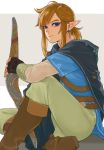  1boy bangs black_gloves blonde_hair blue_eyes boots brown_footwear closed_mouth earrings fingerless_gloves gloves highres holding holding_weapon hood iva_(sena0119) jewelry link looking_at_viewer looking_to_the_side male_focus pants pointy_ears ponytail shirt sidelocks sitting solo the_legend_of_zelda the_legend_of_zelda:_breath_of_the_wild weapon 