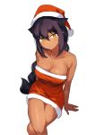  1girl arm_support arms_at_sides bare_shoulders black_hair braid breasts cleavage closed_mouth crossed_legs dark_skin dark_skinned_female dress from_above hair_between_eyes hair_flaps hat jahy jahy_sama_wa_kujikenai konbu_wakame large_breasts long_hair official_art red_dress santa_costume santa_hat short_dress simple_background sitting smile solo strapless strapless_dress very_long_hair watermark white_background yellow_eyes 