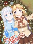  2020 2girls absurdres ahoge amatsuka_uto artist_name bangs blonde_hair blue_eyes blue_gloves blue_hair breasts brown_gloves brown_scarf christmas christmas_tree commentary gloves hair_ornament hairclip highres hololive hololive_english indie_virtual_youtuber long_hair merry_christmas multiple_girls open_mouth riamu_(liam_razo) scarf v virtual_youtuber watson_amelia 