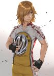  1boy absurdres aoyagi_hajime bicycle_helmet black_gloves blonde_hair collarbone commentary_request cowboy_shot cyclist fingerless_gloves gloves hair_over_one_eye hand_on_hip helmet highres holding holding_helmet komeo15 male_focus multicolored_shirt red_shirt red_shorts shirt short_sleeves shorts solo standing white_shirt yellow_shirt yellow_shorts yowamushi_pedal 