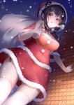  1girl ahoge blush breasts brick_wall christmas commentary_request hair_between_eyes hair_flaps hat highres kantai_collection large_breasts long_hair mashiro_aa open_mouth pom_pom_(clothes) purple_hair red_eyes ryuuhou_(kantai_collection) sack santa_costume santa_hat snowing solo taigei_(kantai_collection) thighhighs white_legwear 