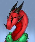  black_horn dragon feral garland hi_res horn male red_body red_eyes simple_background smile staffkira2891 