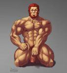  1boy abs arm_hair bara beard chest_hair collarbone completely_nude facial_hair fate/grand_order fate/zero fate_(series) flaccid foreskin gradient gradient_background hairy iskandar_(fate) kneeling looking_at_viewer male_focus male_pubic_hair muscular muscular_male navel navel_hair nhawnuad nipples nude pectorals pubic_hair red_eyes red_hair scar_on_leg short_hair smile solo thick_thighs thighs uncensored 