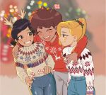  3girls alternate_costume amphibia anne_boonchuy antlers black_hair blonde_hair blush brown_hair candy candy_cane christmas christmas_sweater christmas_tree denim earrings flower food hair_flower hair_ornament jeans jewelry marcy_wu mengshuo2019 mole mole_under_eye multiple_girls pants ponytail reindeer_antlers sasha_waybright short_hair smile sweater 