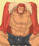  1boy ^_^ abs arms_behind_head bara bare_pecs beard bike_shorts bulge cape closed_eyes dark_skin dark_skinned_male facial_hair fate/grand_order fate/zero fate_(series) fur-trimmed_cape fur_trim highres iskandar_(fate) male_focus muscular muscular_male navel navel_hair nipples pectorals reclamon red_cape red_eyes red_hair short_hair smile solo spread_legs stomach thick_thighs thighs 