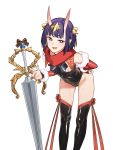  1girl bell bob_cut breasts bright_pupils detached_sleeves eyeliner fang fate/grand_order fate_(series) fur-trimmed_sleeves fur_trim hair_bell hair_ornament highres horns jingle_bell k52 leotard looking_at_viewer makeup oni oni_horns purple_eyes purple_hair short_hair shuten_douji_(fate/grand_order) sideboob skin-covered_horns small_breasts smile solo thighhighs 