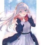  1girl :d anastasia_(fate) bangs belt black_belt blue_eyes blush breasts commentary_request eyebrows_visible_through_hair fate/grand_order fate_(series) grey_skirt hair_over_one_eye hairband hands_up highres jacket kyaroru large_breasts long_hair long_sleeves looking_at_viewer open_clothes open_jacket open_mouth red_scarf ribbed_sweater scarf silver_hair skirt sleeves_past_wrists smile solo sweater upper_teeth very_long_hair 