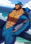  1boy abs anchor_necklace archie_(pokemon) bandana bara bare_pecs beard blue_bodysuit bodysuit brown_hair bulge dark_skin dark_skinned_male facial_hair gold_necklace highres looking_at_viewer male_focus masa_yawara_(yellow) muscular muscular_male navel navel_hair nipples open_bodysuit pectorals pokemon pokemon_(game) pokemon_rse short_hair solo stomach thick_thighs thighs torn_bodysuit torn_clothes 