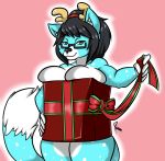 2020 anthro antlers big_breasts black_hair blue_body blue_fur breast_squish breasts cervid cleavage clothed clothing domestic_cat eyewear felid feline felis female fluffy fluffy_tail fur gift glasses hair hi_res horn hybrid looking_at_viewer mammal punished_kain ribbons rylie_(hypernovagm) simple_background solo spots squish thick_thighs wide_hips 
