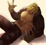  1boy abs absurdres bara bare_pecs black_ears black_jacket black_pants bulge dagger dilukha_(nyaalgebra) dorohedoro gloves green_scales highres holding holding_dagger holding_weapon jacket kaiman_(dorohedoro) knee_up lizardman looking_at_viewer lying male_focus muscular muscular_male navel nipples on_back open_mouth pants pectorals sharp_teeth solo spikes stomach teeth thick_thighs thighs weapon white_gloves 