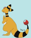  2020 ambiguous_gender ampharos belly blue_background cute_fangs feral forehead_gem hi_res looking_at_viewer looking_back nintendo open_mouth pok&eacute;mon pok&eacute;mon_(species) salaciouslx signature simple_background solo standing striped_ears striped_neck striped_tail stripes tongue video_games white_belly yellow_body 