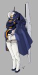  cloak dated green_eyes grey_background gundam highres looking_down mecha moi_moi7 no_humans original science_fiction solo v-fin 