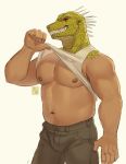 1boy abs absurdres bara bare_pecs belly bulge dilukha_(nyaalgebra) dorohedoro green_scales grey_pants highres kaiman_(dorohedoro) lifted_by_self lizardman male_focus muscular muscular_male navel navel_hair nipples pants pectorals plump sharp_teeth shirt_lift solo spikes stomach tank_top teeth thick_thighs thighs white_tank_top 