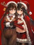  2girls animal_costume antlers bell belt belt_buckle black_belt black_gloves black_hair blush breasts brown_eyes brown_hair buckle cape chikuma_(kantai_collection) cleavage closed_mouth cowboy_shot crossed_arms dated gloves hair_between_eyes hat kantai_collection large_breasts long_hair multiple_girls navel red_background red_cape red_gloves red_skirt reindeer_antlers reindeer_costume santa_costume santa_hat signature skirt smile toka_(marchlizard) tone_(kantai_collection) twintails 