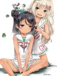  2girls akino_shuu aqua_eyes bare_legs barefoot black_hair blonde_hair bow broccoli brown_eyes dress eyebrows_visible_through_hair fang grecale_(kantai_collection) hair_between_eyes hair_bow hair_ornament hairclip kantai_collection long_hair mole mole_under_eye multiple_girls neckerchief open_mouth pink_bow sailor_collar sailor_dress scirocco_(kantai_collection) short_hair sleeveless sleeveless_dress smile twitter_username white_background white_dress white_sailor_collar 